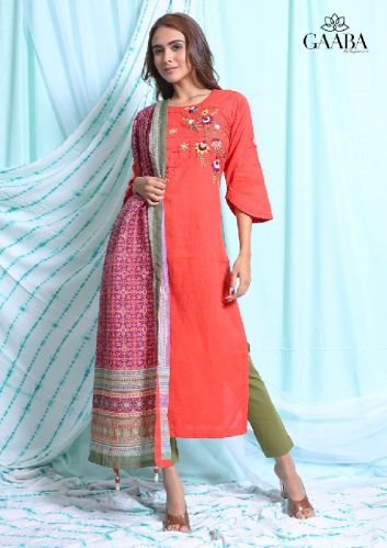 RED COTTON EMBROIDERED KURTA WITH DIGITAL PRINT DUPATTA