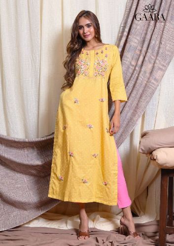 YELLOW KURTA WITH GOTTA PATTI, Pattern : SOLID