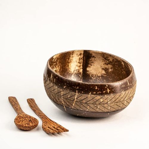 Inaithiram CSBG Coconut Shell Bowl 900ml With A Spoon and Fork (Brown)