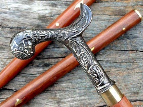 Brass Derby Head Handle Wooden Walking Stick Vintage Victorian Style Shaft Cane