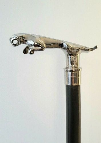 Jaguar Handle Wooden Walking Stick Cane Brass Chrome Finish Brown Sturdy Wood