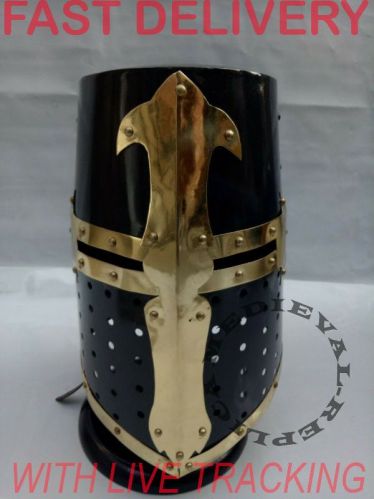 Medieval Knight Armor Crusader Templar Helmet Black Mason Brass Cross With Liner