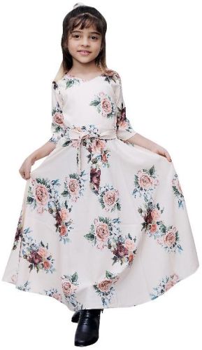 Girls Beige Floral Printed V Neck Fit and Flare Gown With Belt