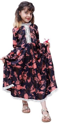 Girls Brown Floral Printed Round Neck Fit And Flare Gown