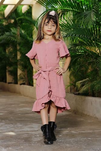 Girls V Neck A Line High Low Dress With Belt