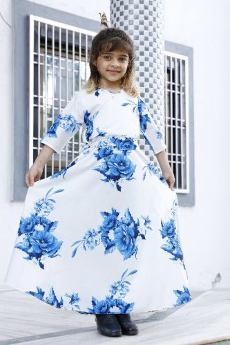 Girls White Floral Printed V Neck Fit and Flare Gown With Belt