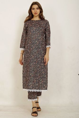 Ladies Floral Printed Lace Border Kurta With Pant