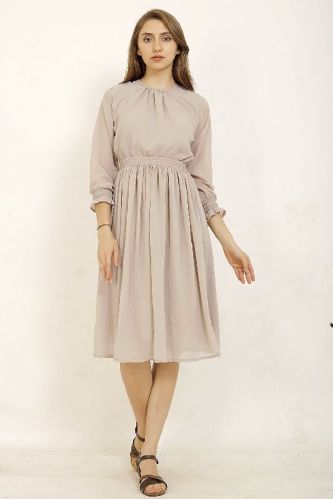 Ladies Grey Round Neck Gathered Short Dress