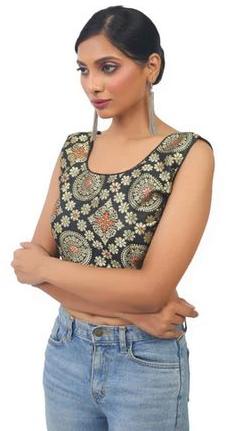 Sleeveless Black Cotton Banarasi Blouse, Size : 32, 34, 36