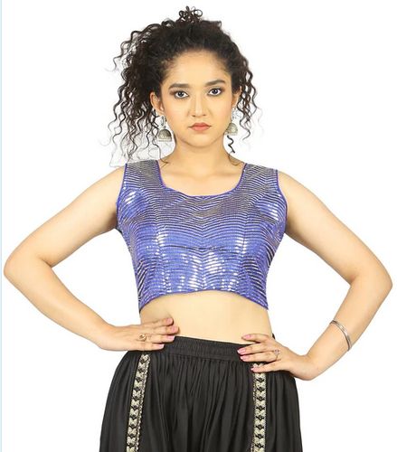 Sleeveless (Sleeves Attached) Georgette Blue Sequin Blouse, Size : 32, 34, 36