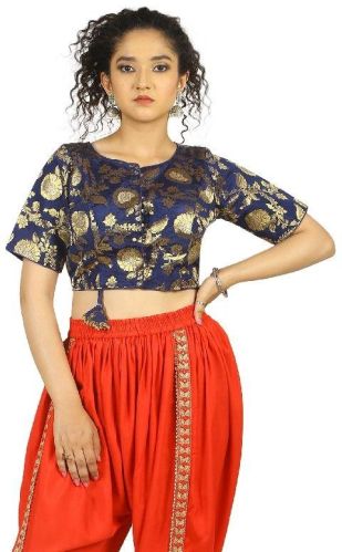Half Sleeves Dark Blue Banarasi Brocade Blouse, Size : 32, 34, 36