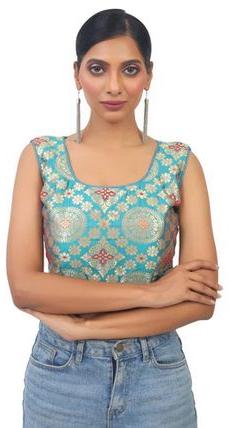Sleeveless Green Cotton Golden Banarasi Print Blouse, Size : 32, 34, 36