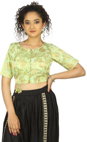 Half Sleeves Parrot Green Banarasi Brocade Blouse, Size : 32, 34, 36
