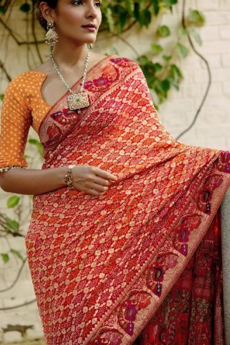 Unstitched Bandhej Saree, Pattern : Printed