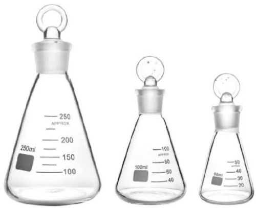 Flask Conical With Interchangeable Stopper, For Laboratory, Color : Transparent