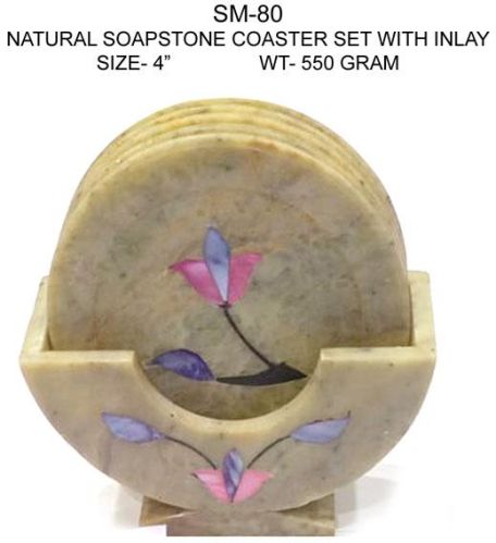 Natural Soapstone Coaster Set With Inlay Work