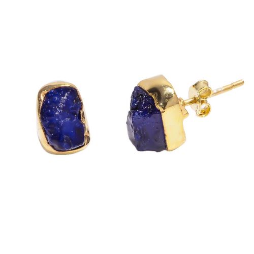 Raw Sapphire 925 Sterling Silver Gold Plated Stud Earrings