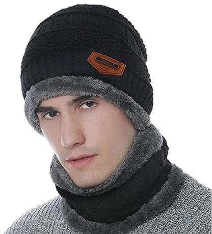 Mens Black Winter Cap & Scarf Set