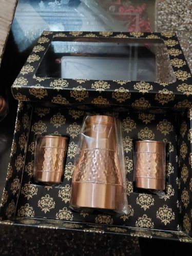 Copper Hammered Sugar Pot With 2 Glass Set
