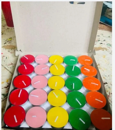 50 Multicolor Tea Light Candles, For Fine Finished, Smooth Texture, Stylish Design, Packaging Size : 4 Piece