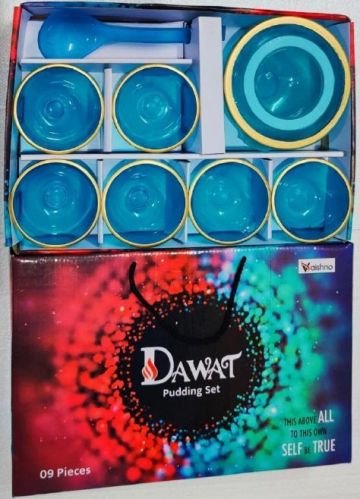 Round Polished Glass Dawat Colored Pudding Set, For Serving, Size : Standard