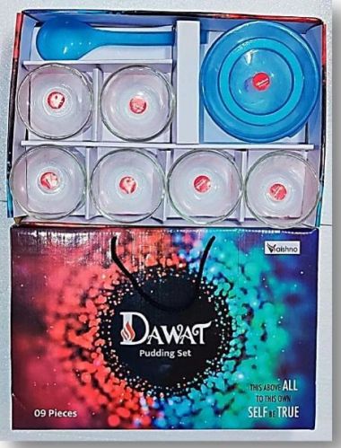 Round Polished Glass Dawat Plain Pudding Set, For Serving, Size : Standard