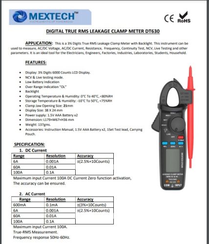 Digital Leakage Clamp Meter DT630, For Indsustrial Usage