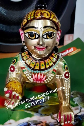 Gold Plated Brass Laddu Gopal Statue, For Temple, Office, Home, Pattern : Carved