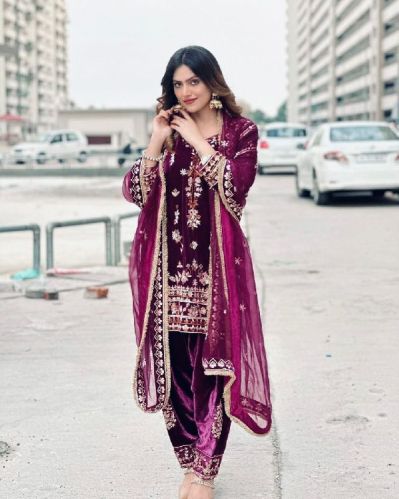 Party Wear Heavy Velvet With Fancy Embroidery Work Kurti Pant