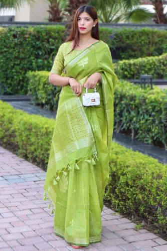 Unstitched Linen Silk Saree, Width : 6 Meter