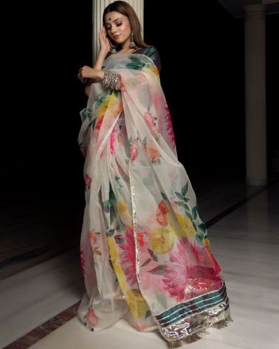 Printed Organza Silk Saree, Width : 6 Meter