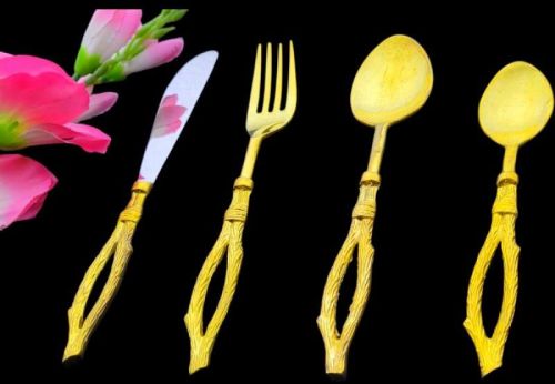BCL Enterprises Round Stainless Steel Brass Tree Bark Cutlery Set, For Hotel, Restaurant, Catering Home