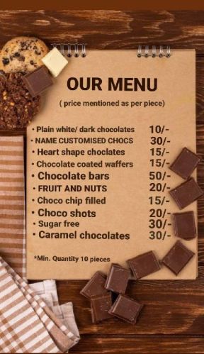 Chocolate Menu, For Hotel, Restaurant, Feature : Colorful Pattern, Eco Friendly, Impeccable Finish