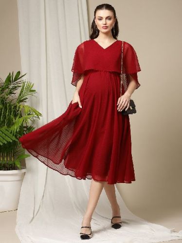 Wobbly Walk Georgette Red Cape Maternity Dress, Stitch Type : Stitched