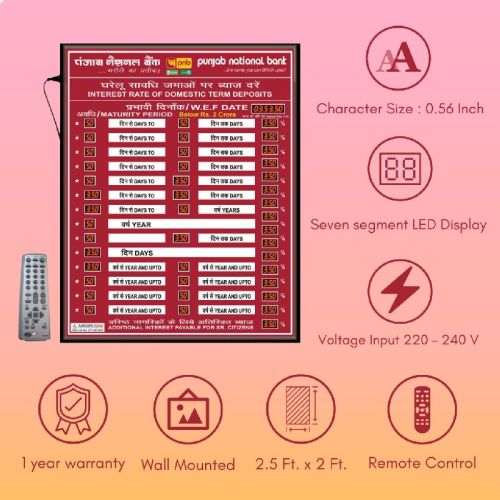 Rectangular Pnb Small Interest Rates Display Board, For Notice, Voltage : 220V