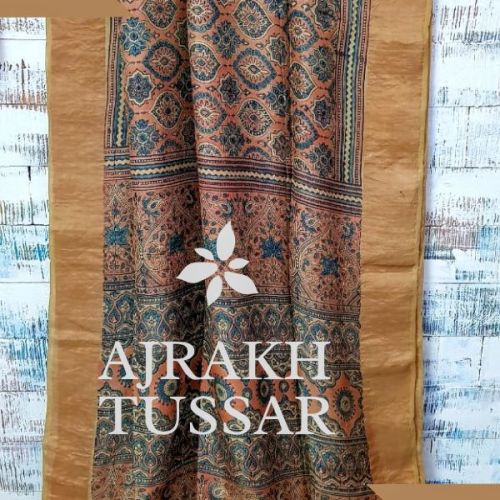 Printed Ajrakh Tussar Silk Saree, Occasion : Casual Wear