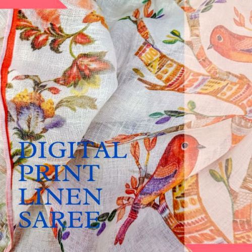 Digital Printed Linen Saree, For Anti-Wrinkle, Shrink-Resistant, Age Group : Adults