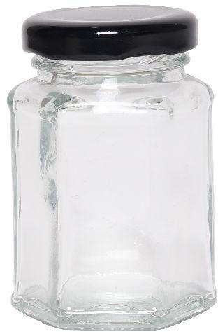 100 ML HEXAGONAL GLASS JAR, For FOOD PACKING, Pattern : Plain