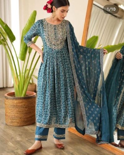 Women Cotton Naira Cut Bell Print Kurta Pant & Dupatta