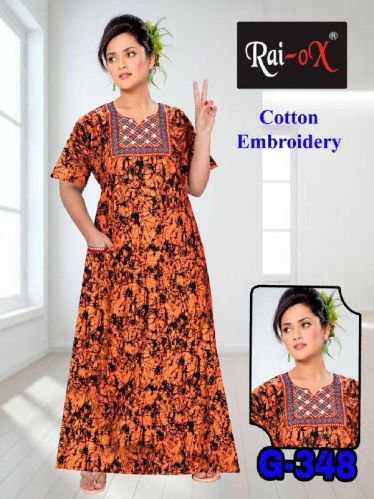 Cotton Embroidered Nighty With Pocket, Technics : Handloom