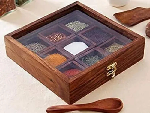 Polished Sheesham Wood Masala Box, For Kitchen, Feature : Termite Proof, Perfect Shape, High Strength