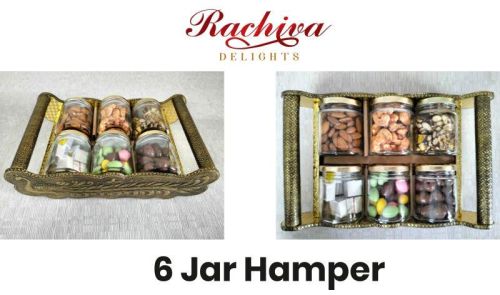 Six Glass Jar Gift Hamper, For Rosogulla, Sweets, Chocolates, Dry Fruits Storage, Capacity : 250 ML