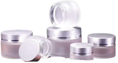 Round Frosted Glass Jar With Silver Lid, For Cosmetic Storage, Capacity : 30gm, 50gm 100gm