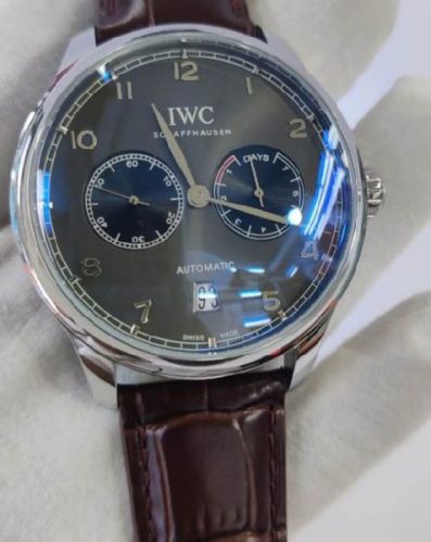 I W C Portuguese Power Reserve Silver Grey Dial Leather Strap Swiss Automatic Watch