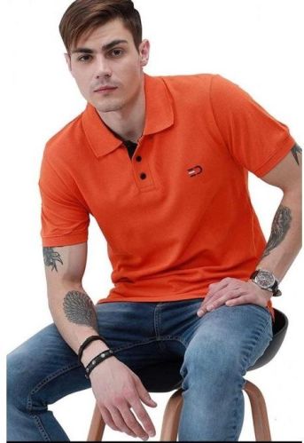 Half Sleeves Plain Collar Neck Polyester Mens Orange Polo T-Shirt, Size : XL