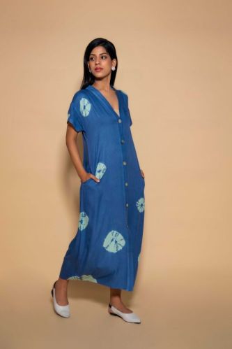 Ceres V Neck Short-sleeved Shirt Dress, Color : Cerulean Blue