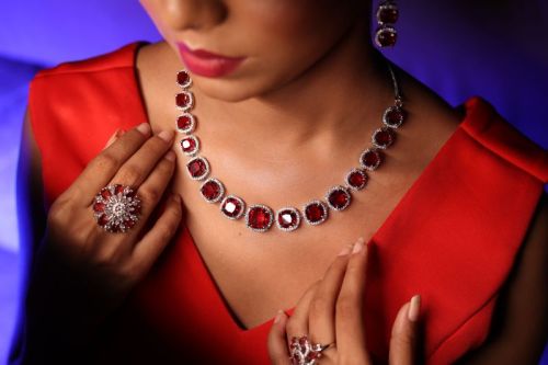 Polished Brass Ruby Diamond Necklace Set, Occasion : Weeding Wear