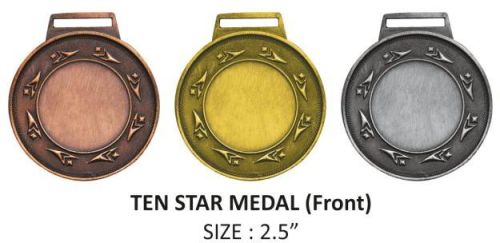 Golden Polished Aluminium 10 Star Medal, Shape : Round