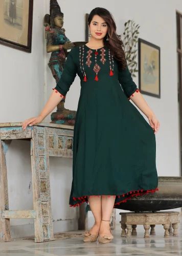 Ladies Green Printed Anarkali Kurti, Size : All Size