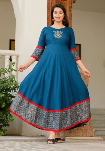 Ladies Blue Printed Gown Kurta, Size : All Size